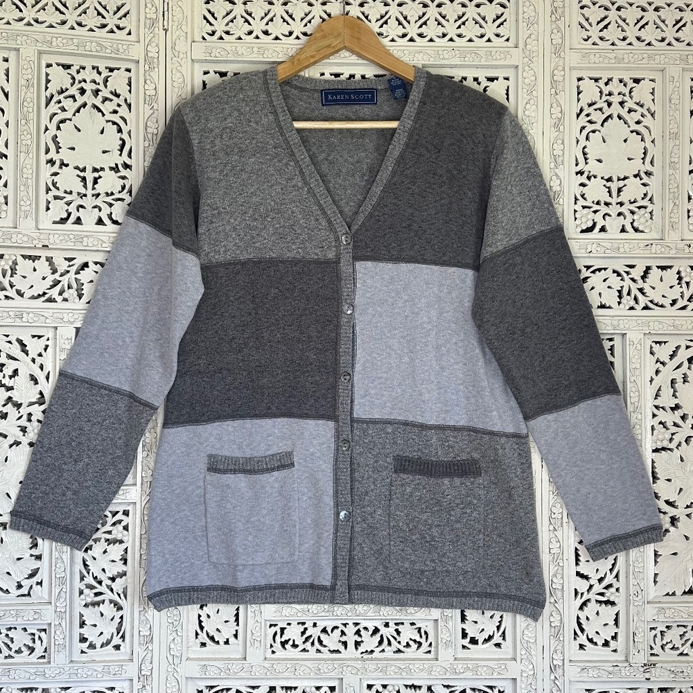 Vintage Karen Scott Gray Patchwork Style Button Up Grannycore Cardigan Sz Medium